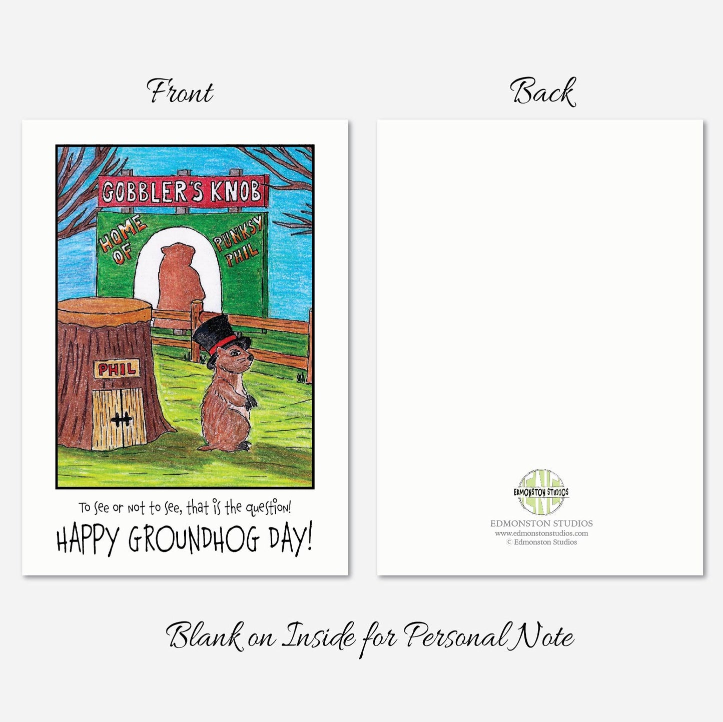 Happy Groundhog Day Greeting Card A7 5x7 on Textured Linen and Envelope