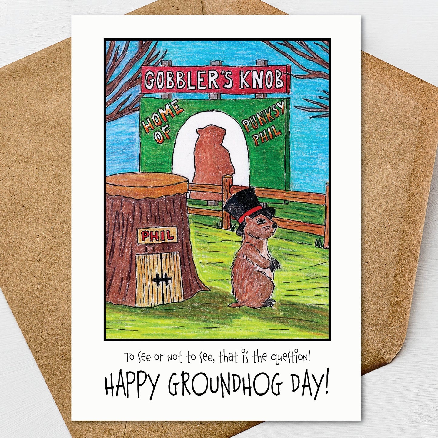 Happy Groundhog Day Greeting Card A7 5x7 on Textured Linen and Envelope