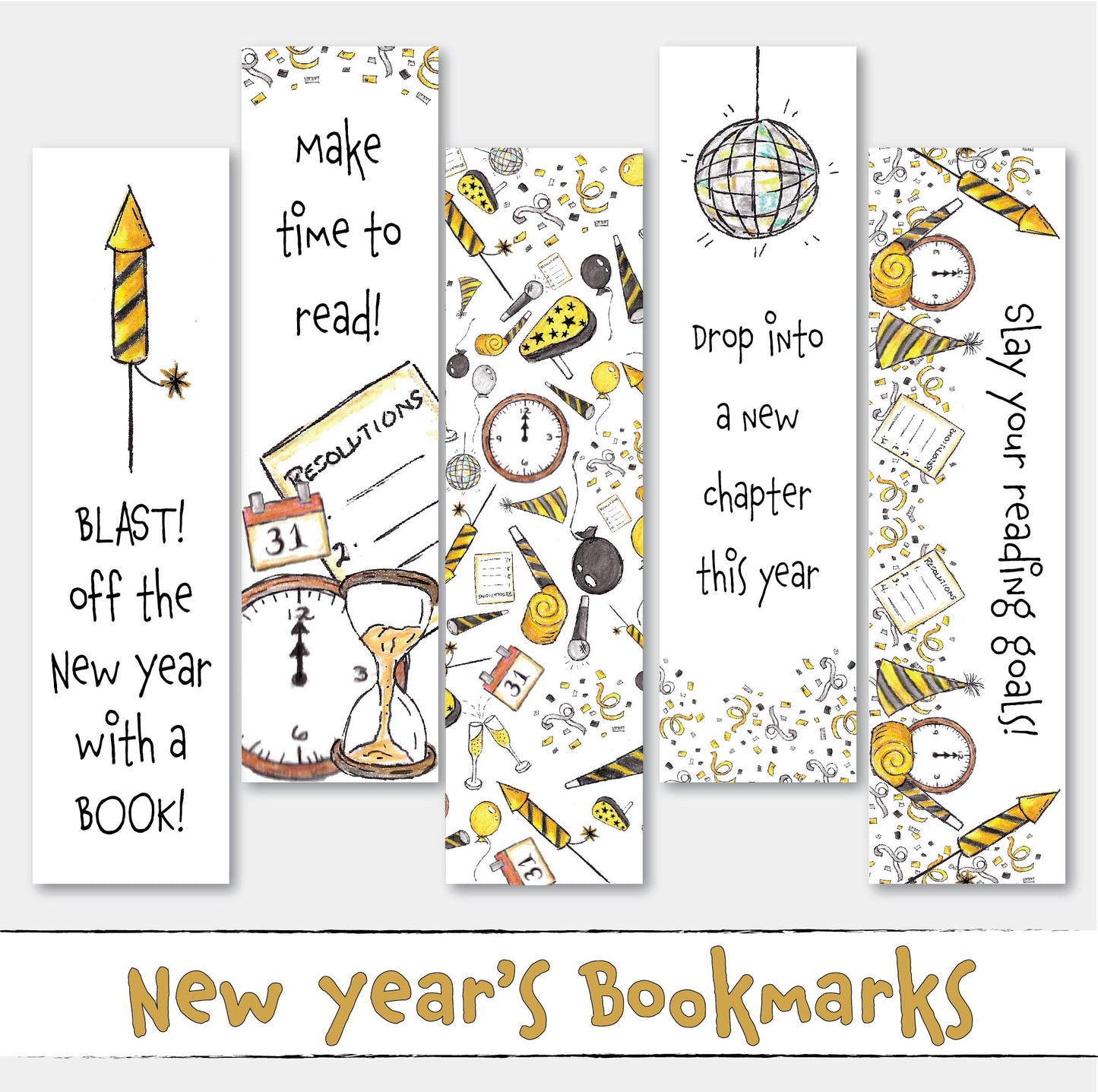 PRINTABLE New Years Bookmark Set, Set of 5, Funny Cute Classroom Bookmarks for Kids, Gifts for Readers Digital Instant Download