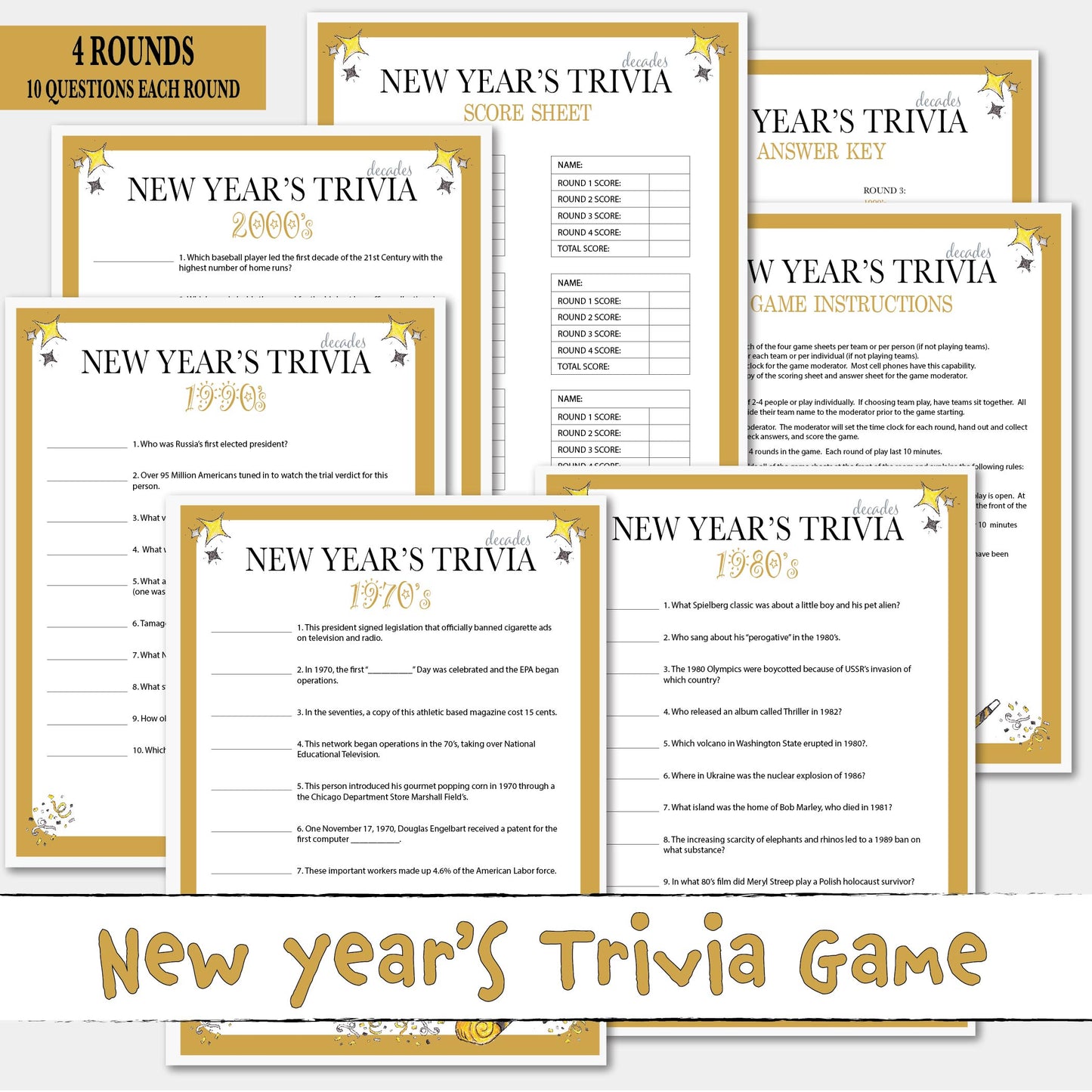 New Year's Trivia Game 4 Rounds 40 Questions Complete Printable Game Kit