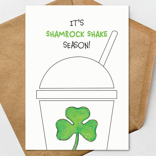 Its Shamrock Shake Season Happy St. Patricks Day Card A7 5x7 on Textured Linen