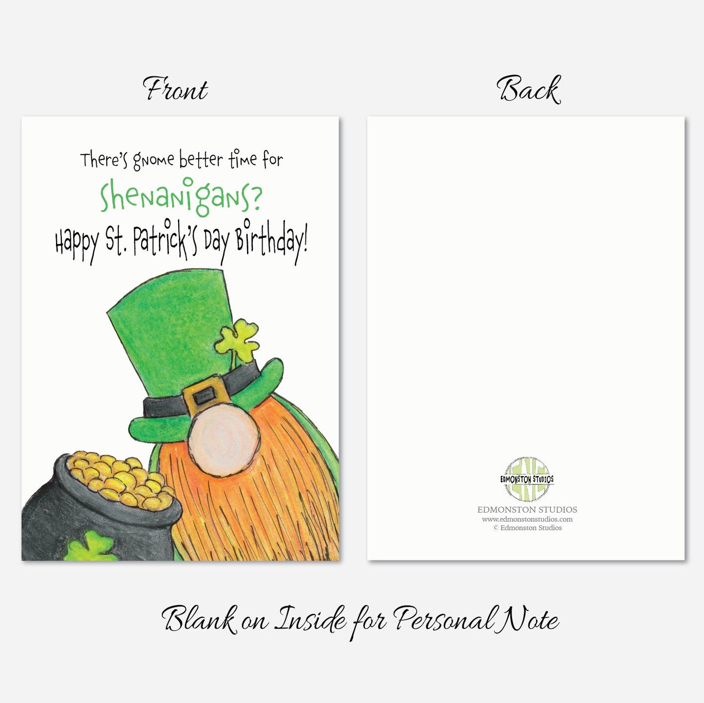 Happy St. Patricks Day Leprechaun Gnome Birthday Card A7 5x7 on Textured Linen