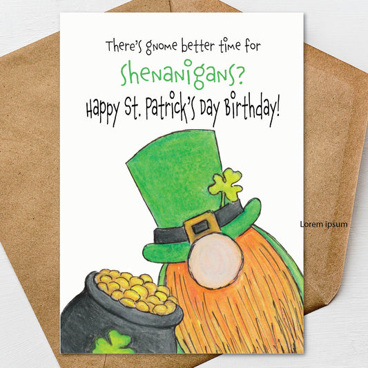 Happy St. Patricks Day Leprechaun Gnome Birthday Card A7 5x7 on Textured Linen