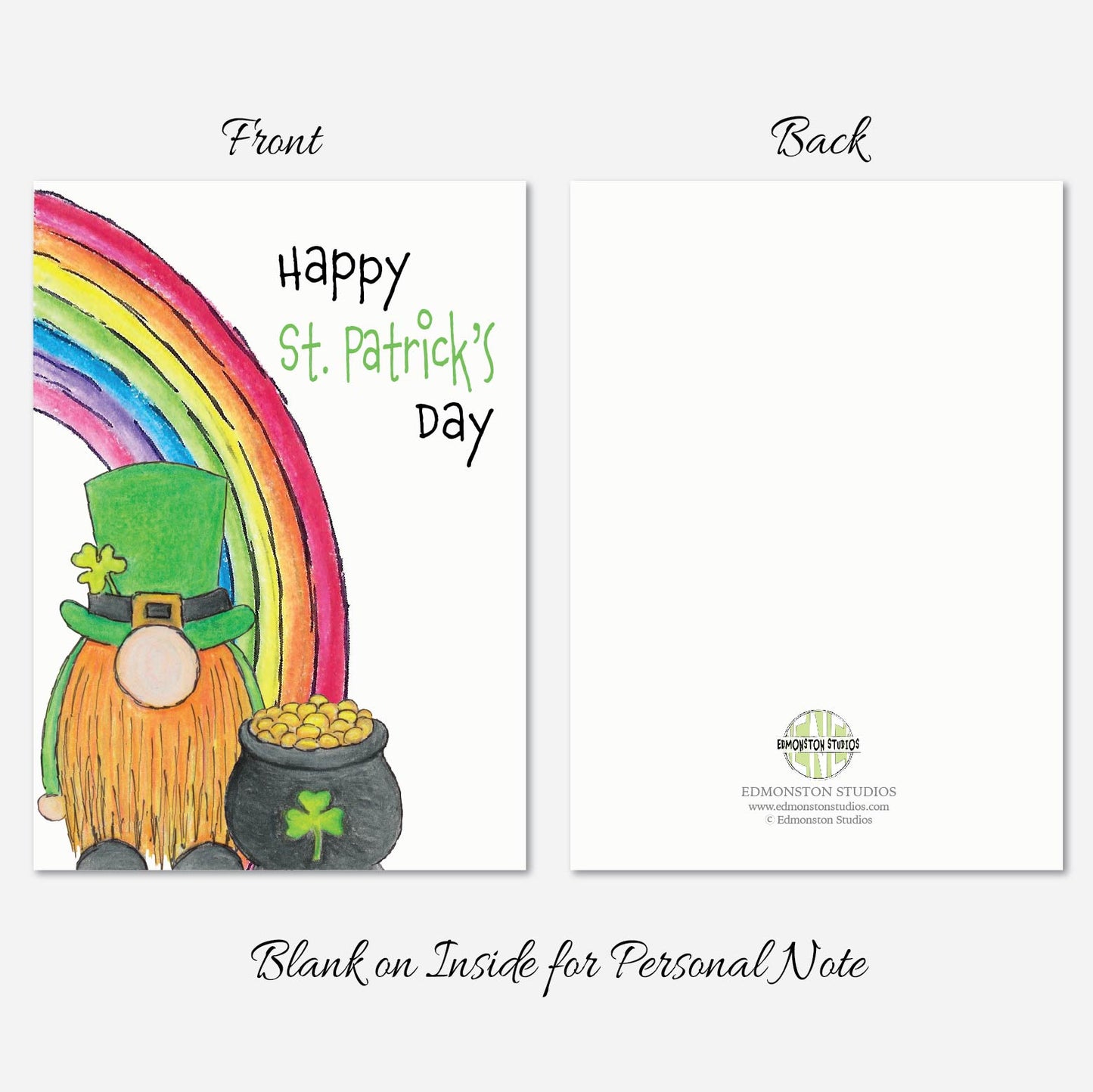 Happy St. Patricks Day Rainbow Gnome Card A7 5x7 on Textured Linen