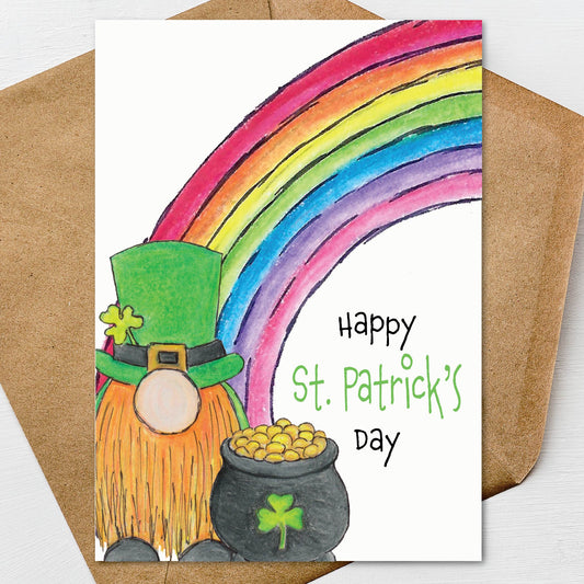 Happy St. Patricks Day Rainbow Gnome Card A7 5x7 on Textured Linen