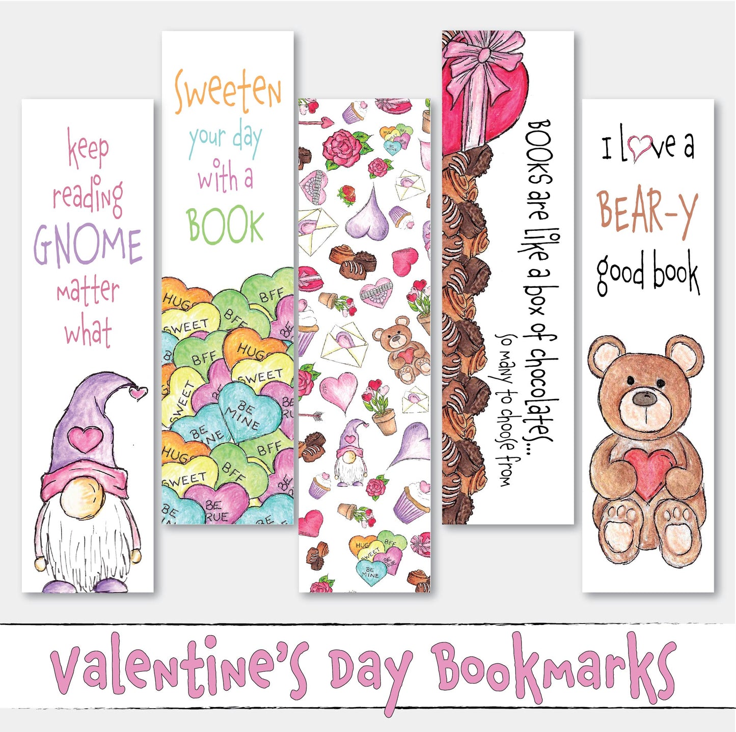 PRINTED Valentine Bookmarks for Valentines Day Set of 5