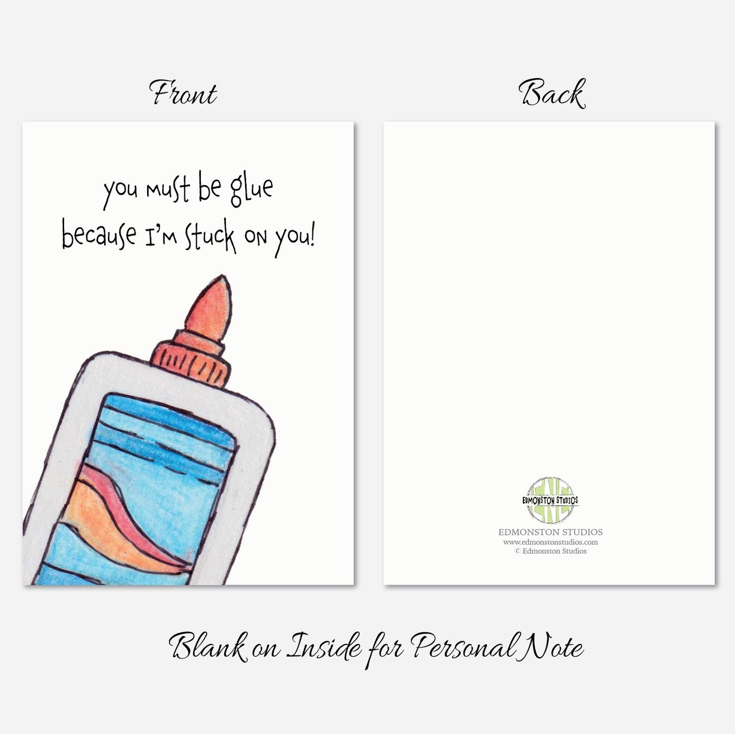 You must be glue, because I'm stuck on you! Funny Pun Valentine's Day Card A7 5x7 on Textured Linen