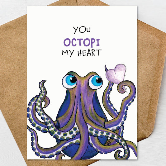 Octopus Valentine's Day Card A7 5x7 on Textured Linen